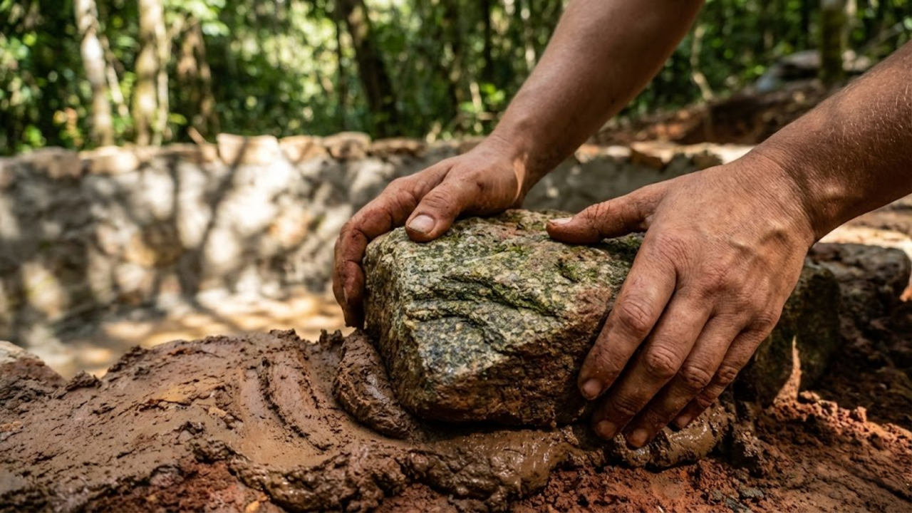 Close detalhado de mãos calejadas encaixando pedras brutas em argila úmida.