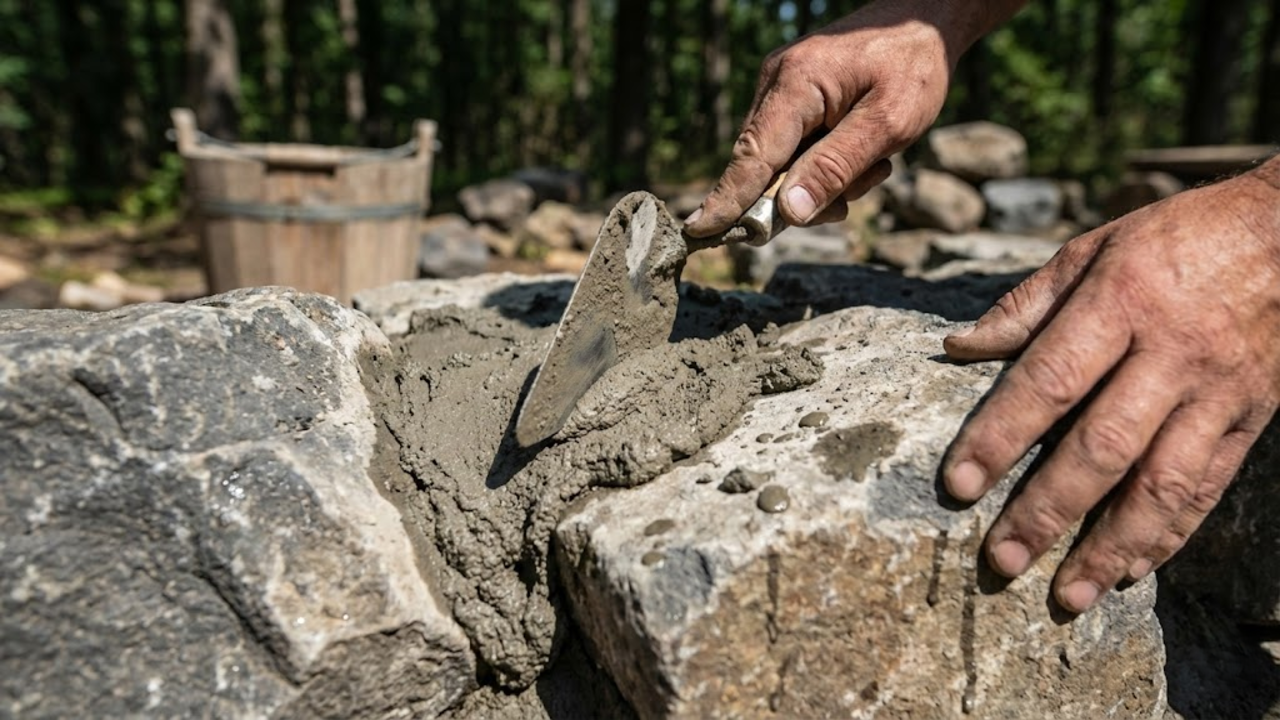 Mãos calejadas aplicando cimento entre grandes pedras brutas