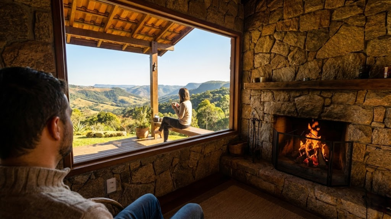 Interior acolhedor de pedra com vista para montanhas verdejantes