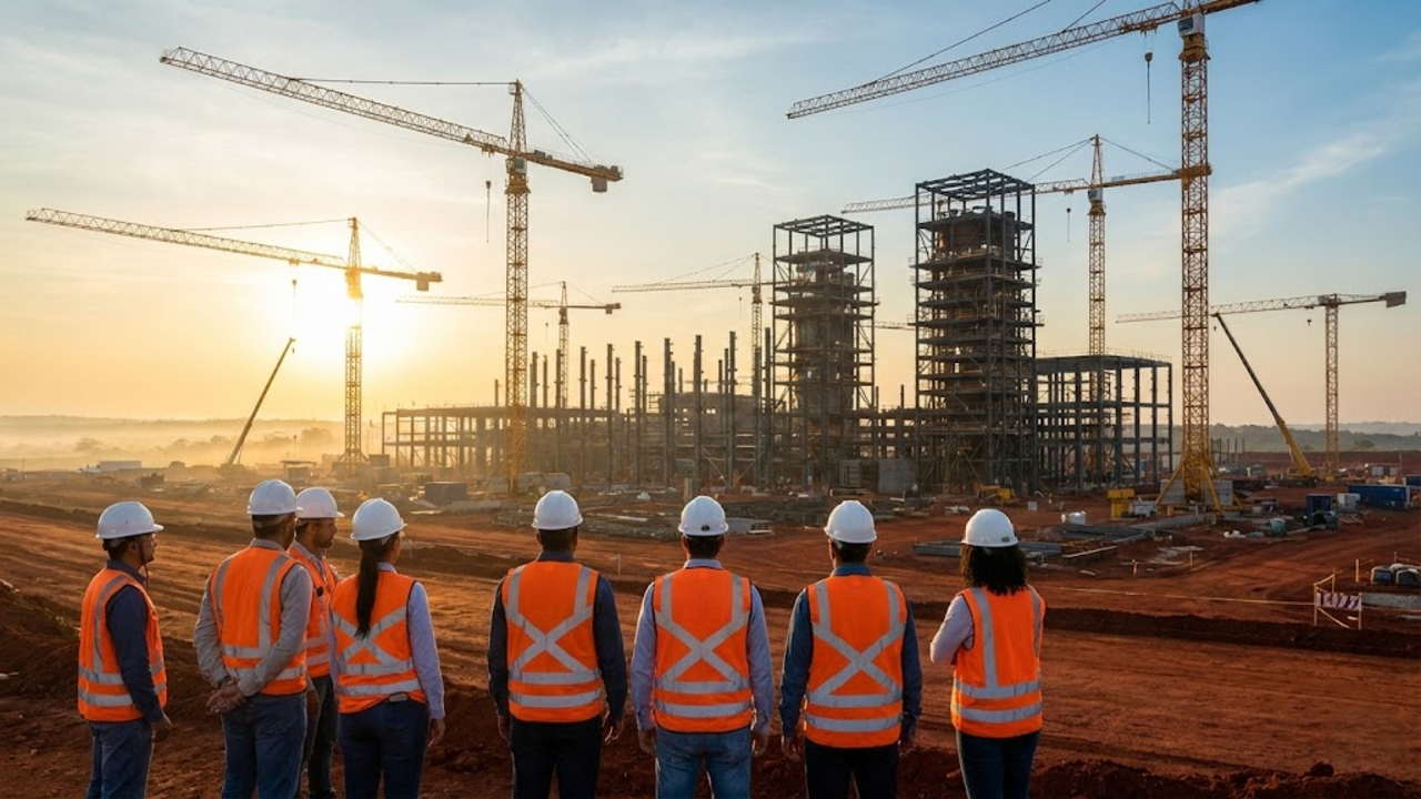 Engenheiros observam a construção colossal da fábrica ao amanhecer no Cerrado