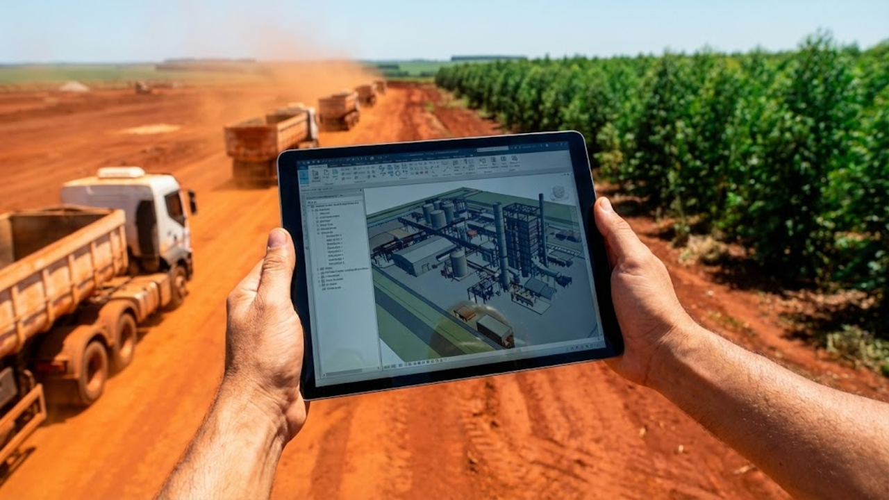 Visão em primeira pessoa de trabalhador operando tablet em meio às obras