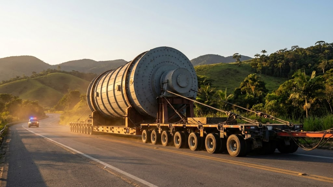 Carreta de 123 metros cruza serra brasileira sob a luz do pôr do sol
