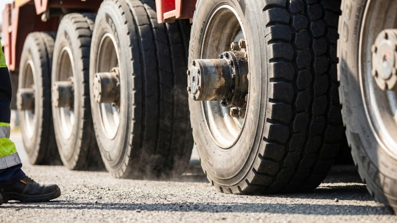 Detalhe dos 296 pneus reforçados sob pressão de 636 toneladas