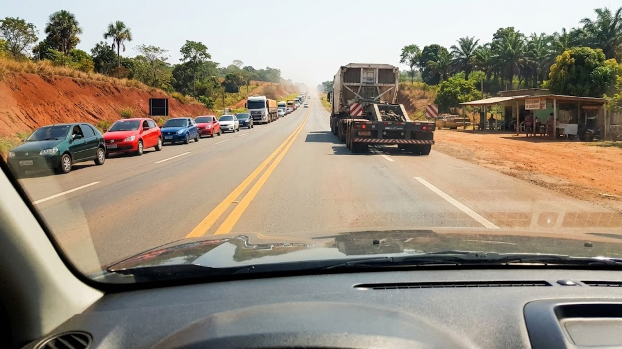 Comboio gigante bloqueia rodovia e cria fila quilométrica no interior