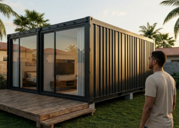 Jovem brasileiro admirando sua casa container moderna sob a luz do pôr do sol