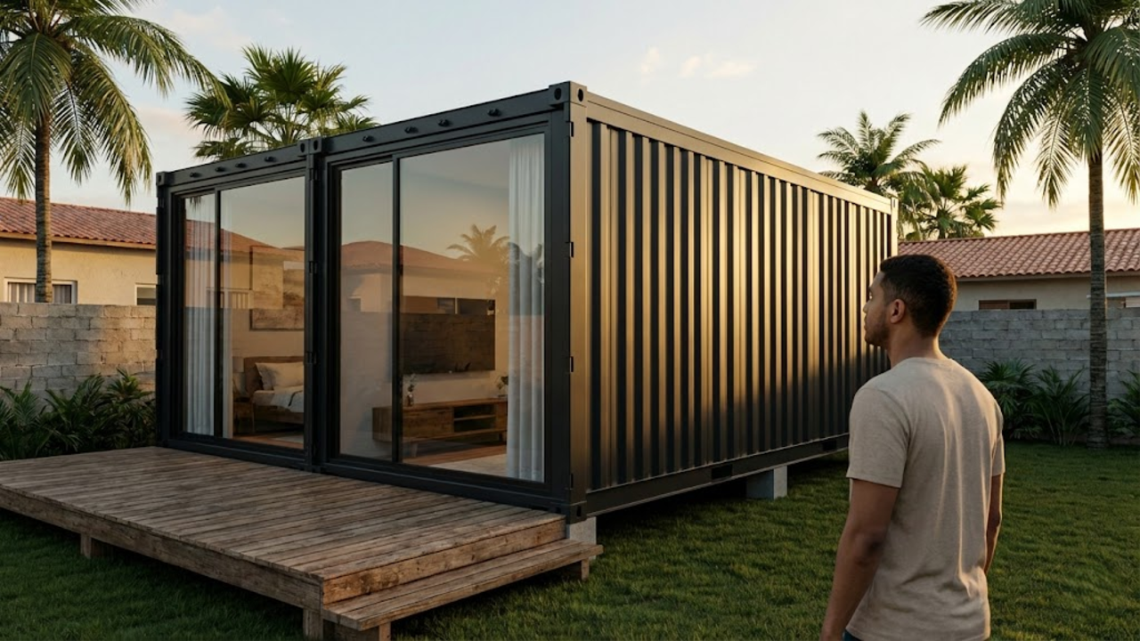 Jovem brasileiro admirando sua casa container moderna sob a luz do pôr do sol