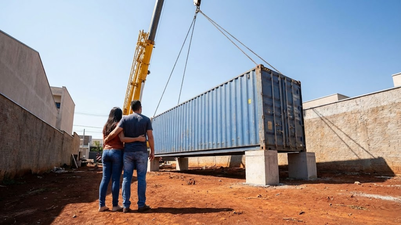 Guindaste posicionando container na fundação sob o sol do meio-dia