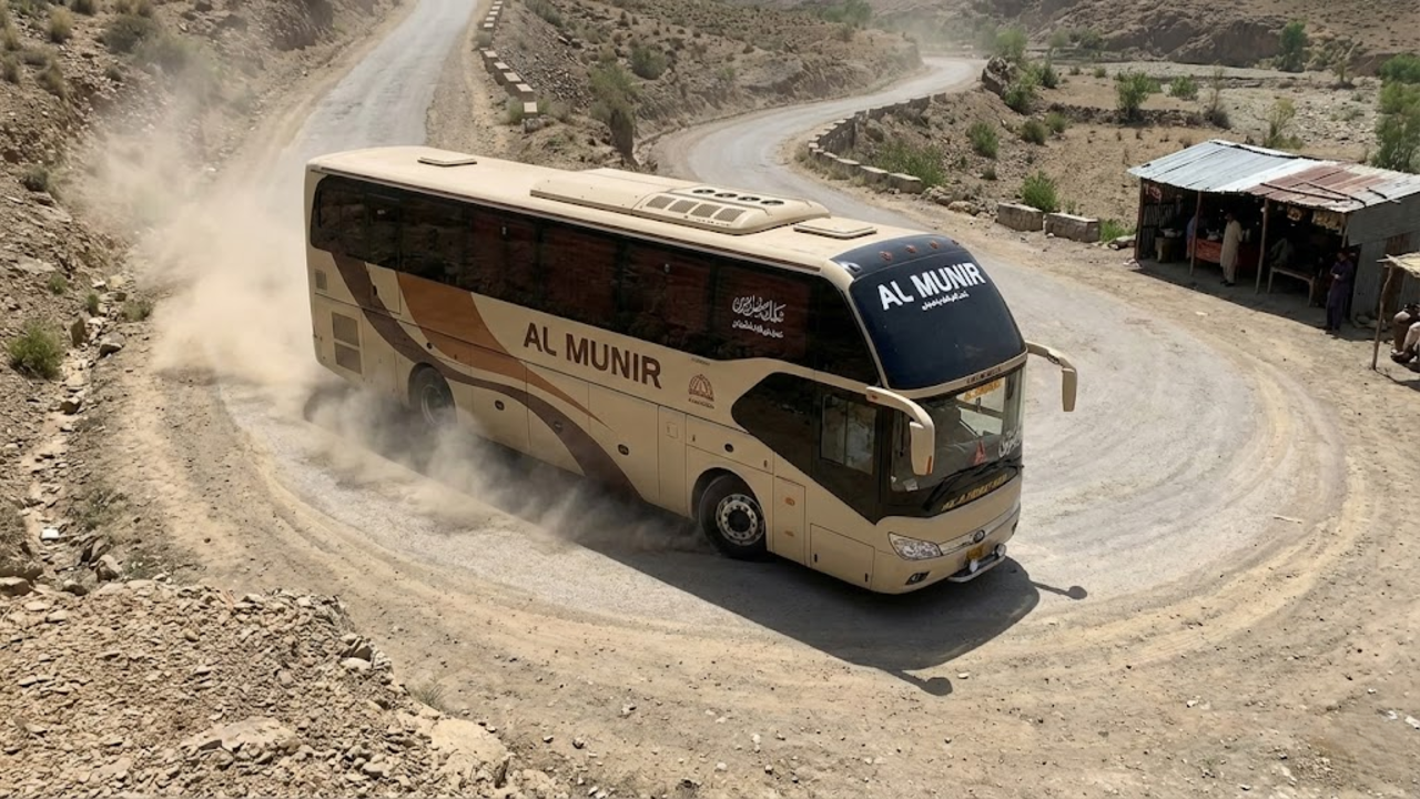 Ônibus gigante manobrando em estrada perigosa e empoeirada