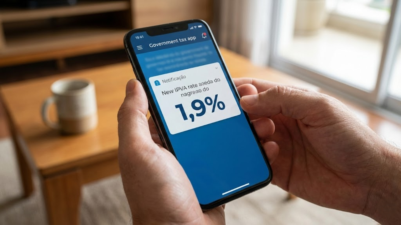 Celular mostrando a nova taxa de 1,9% do IPVA no Paraná