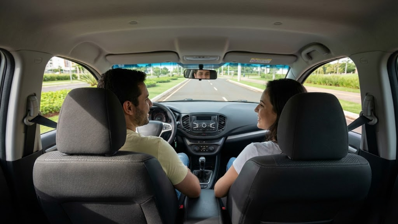 Casal dirigindo feliz por rua arborizada no Paraná
