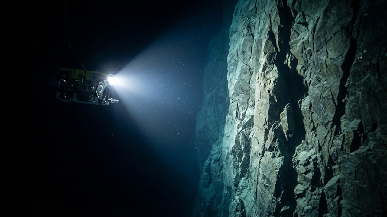 Submarino robô iluminando um paredão rochoso gigantesco no fundo do mar