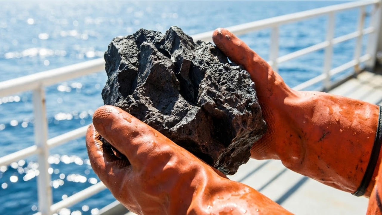 Mãos com luvas segurando uma rocha vulcânica escura no convés do navio