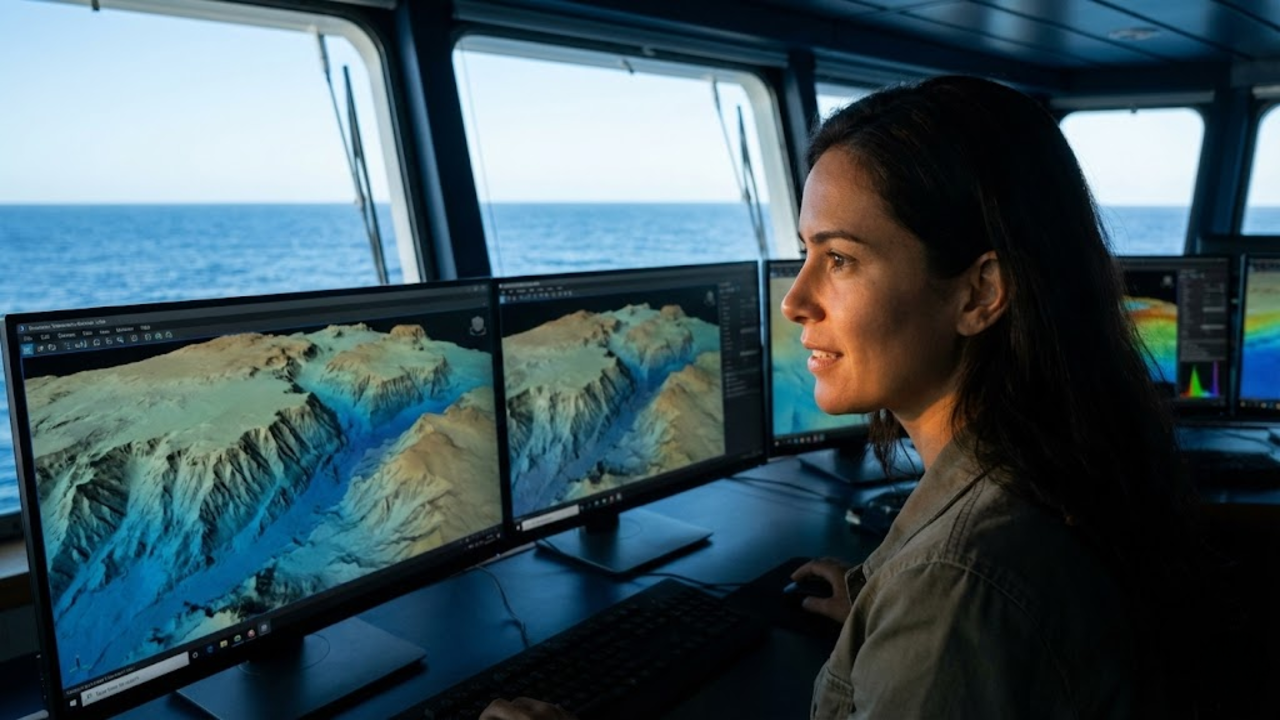 Geóloga concentrada analisando mapas 3D do cânion nas telas do navio