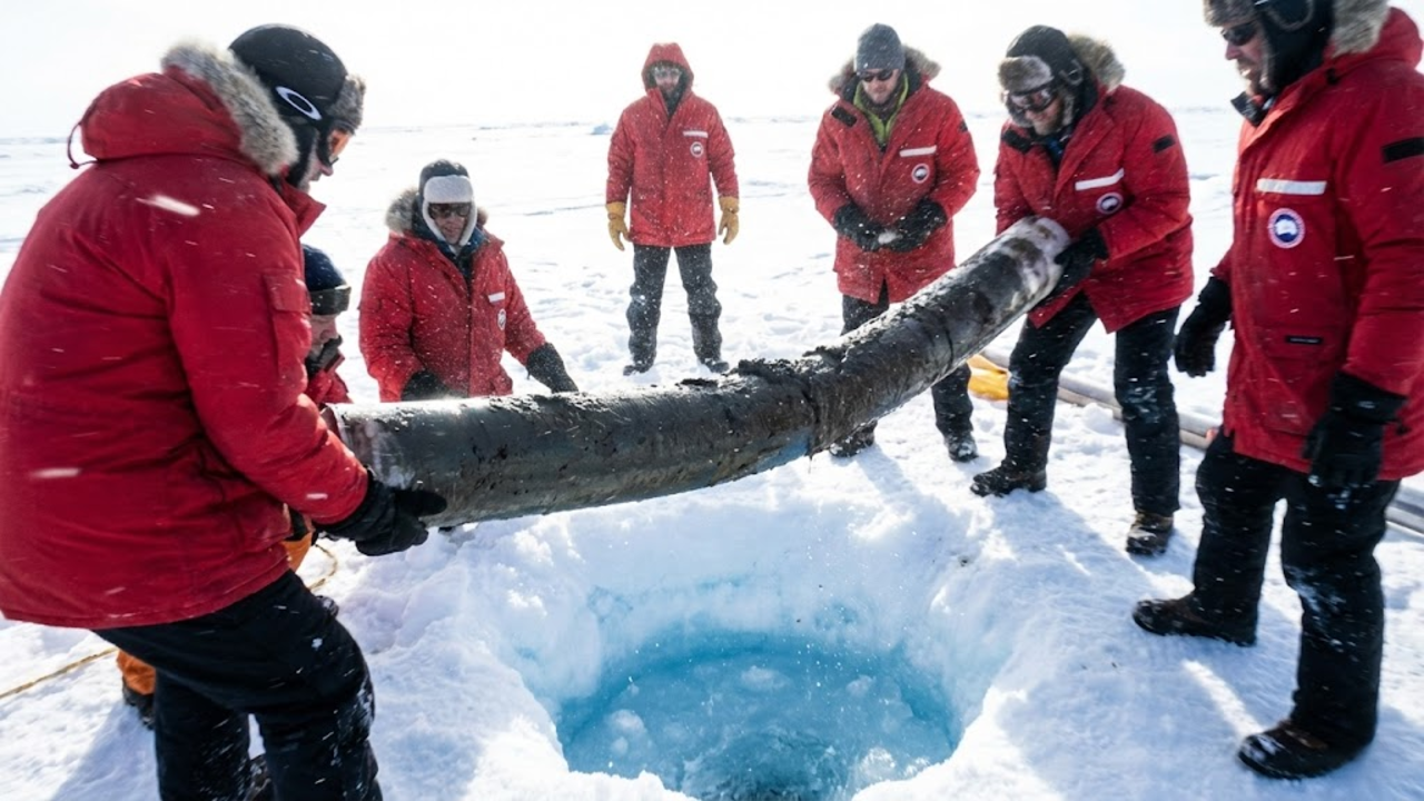 Foto com aspecto amador e granulado de cientistas puxando lama do gelo
