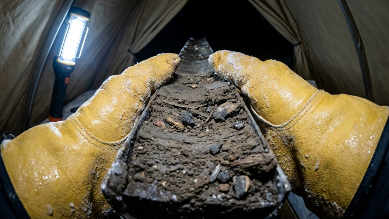 Close-up de luvas industriais segurando o cilindro de terra e rocha milenar