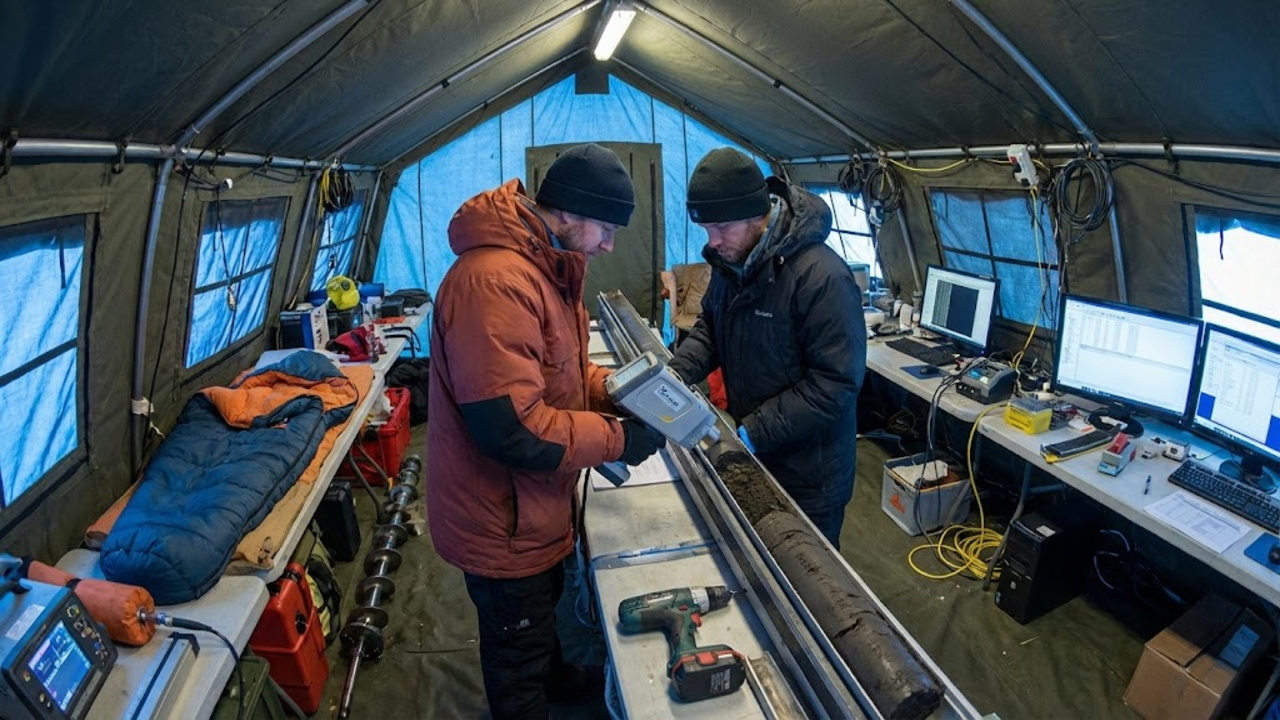 Cientistas analisando o núcleo de rocha com raio-X dentro de uma tenda no gelo