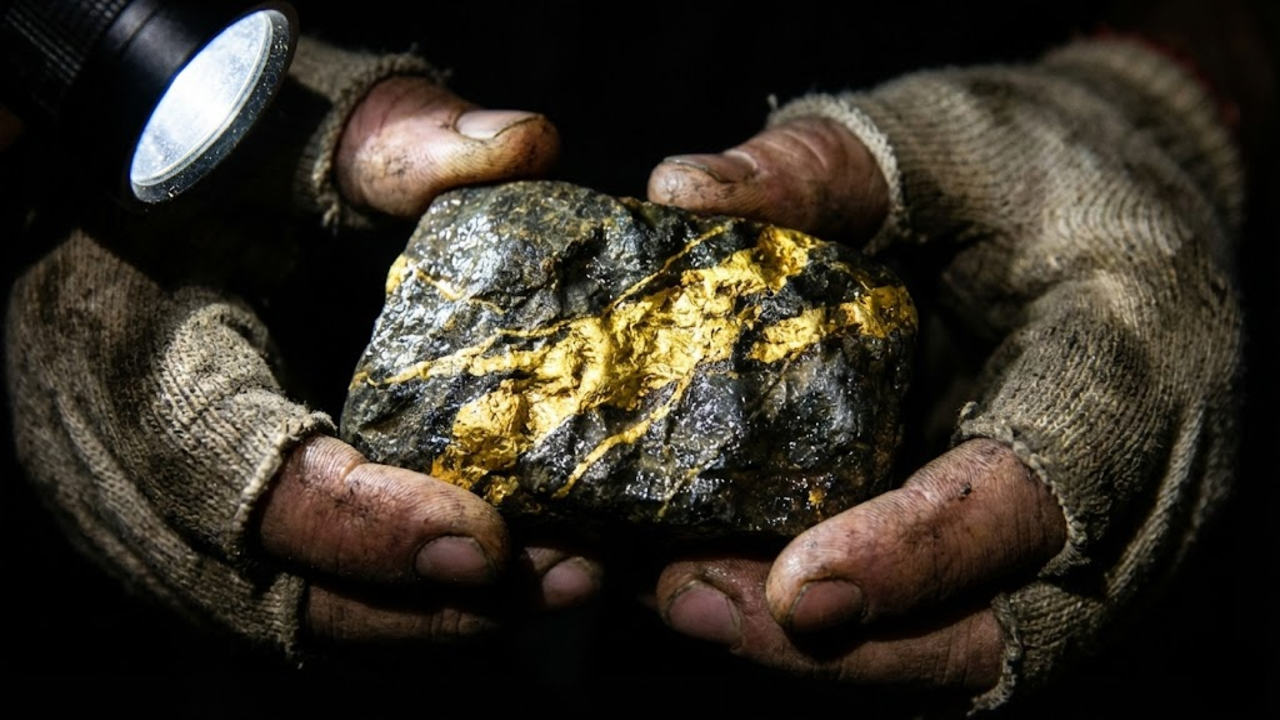 Close-up realista e escuro de mãos sujas segurando uma rocha lotada de ouro