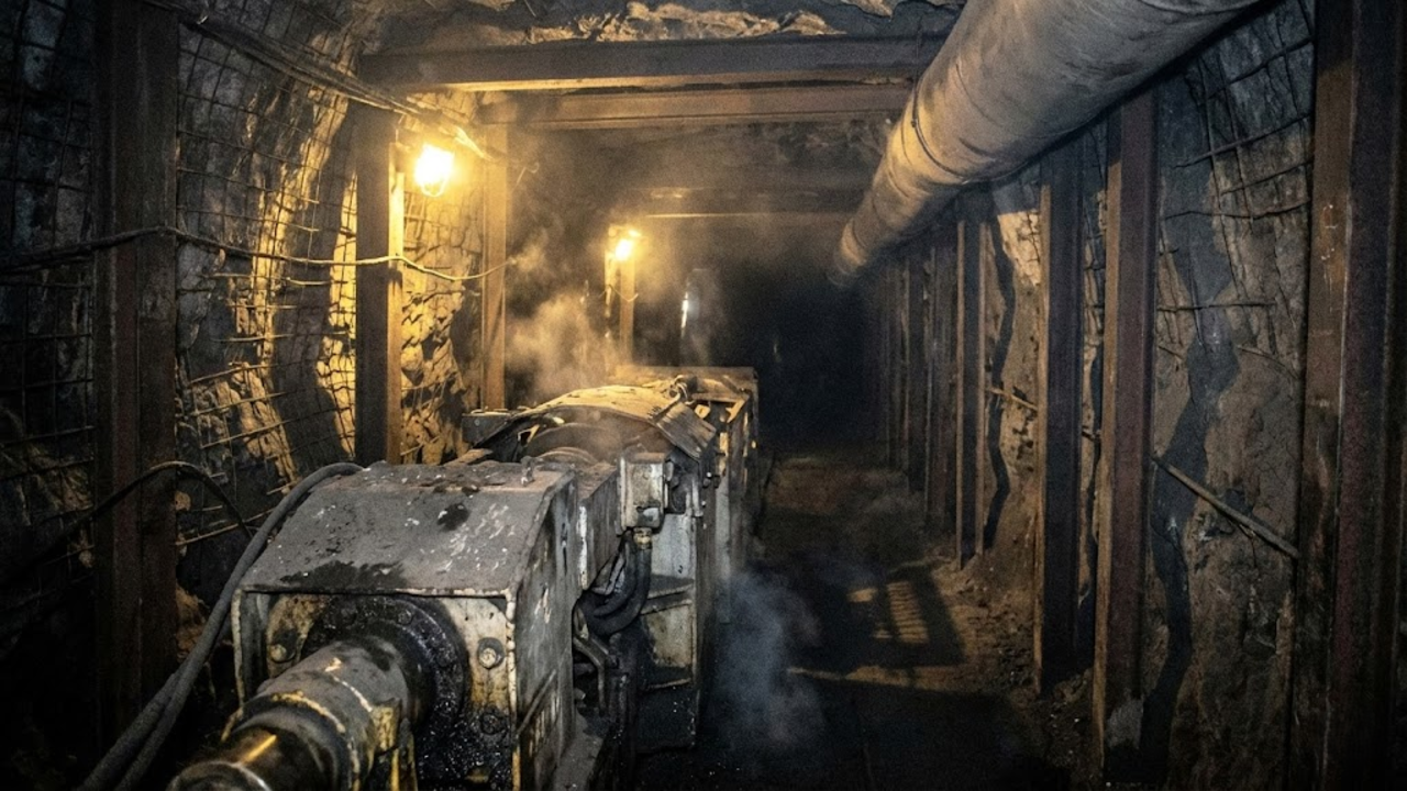 Visão imersiva e rústica de um túnel profundo e maquinário pesado na mina