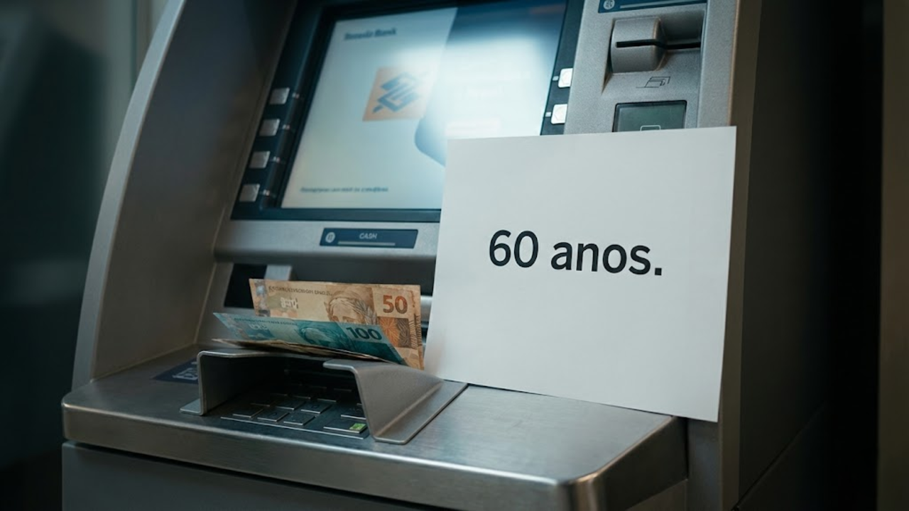 Idoso brasileiro confuso no caixa eletrônico sendo abordado por estranho