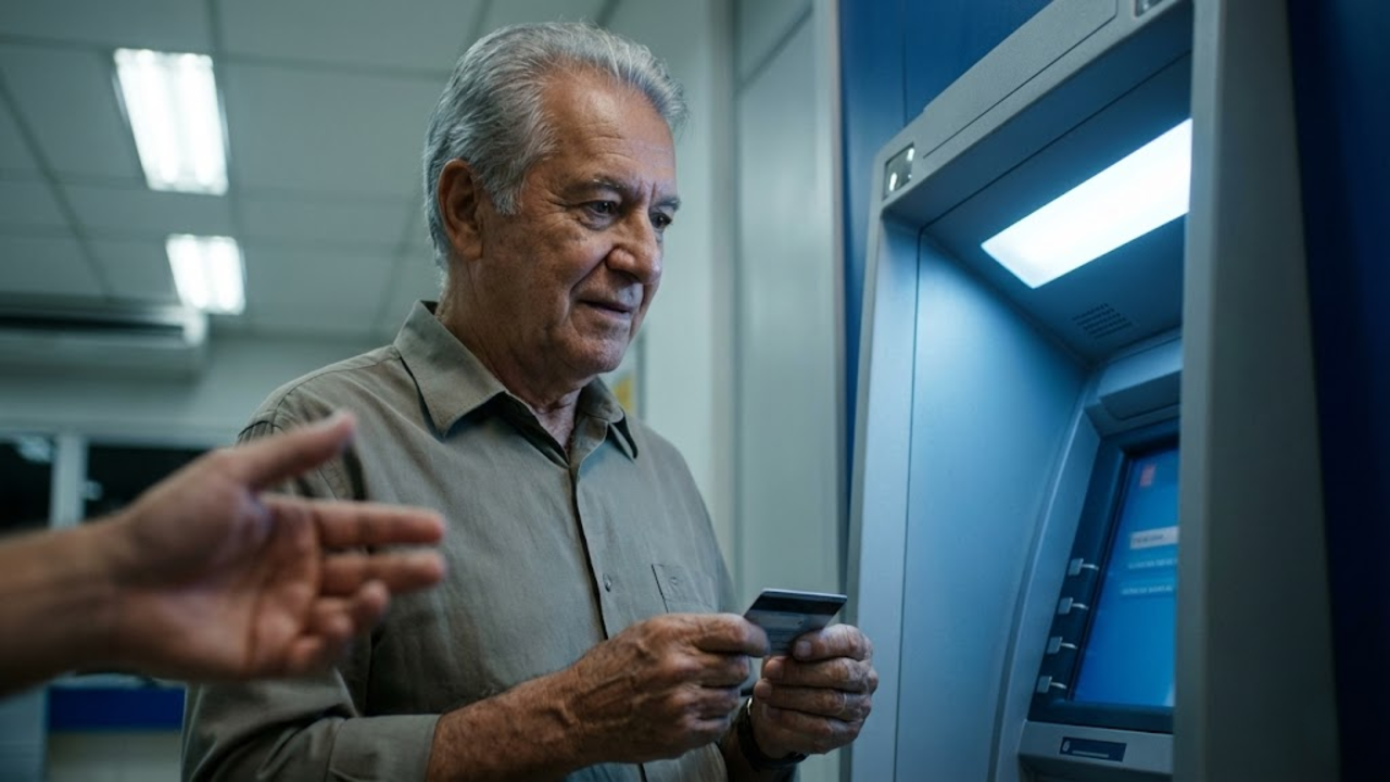 Idoso brasileiro confuso no caixa eletrônico sendo abordado por estranho