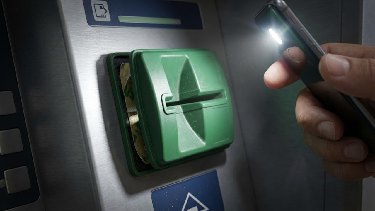 Detalhe do leitor falso (chupa-cabra) descolando do caixa eletrônico