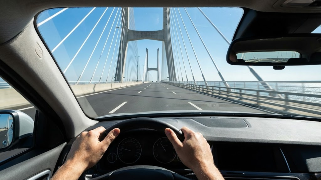 Visão em primeira pessoa dirigindo pela grandiosa ponte em dia ensolarado
