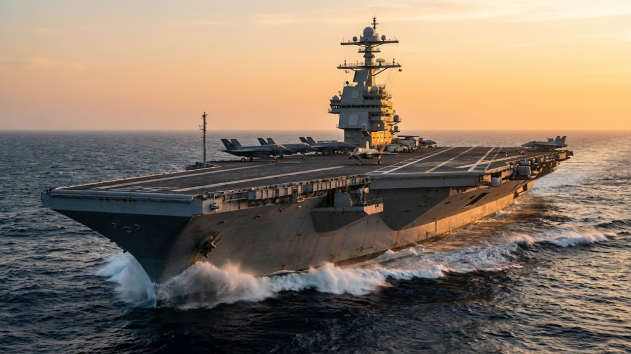 Porta-aviões Gerald R. Ford navegando com caças F-35 sob o pôr do sol.