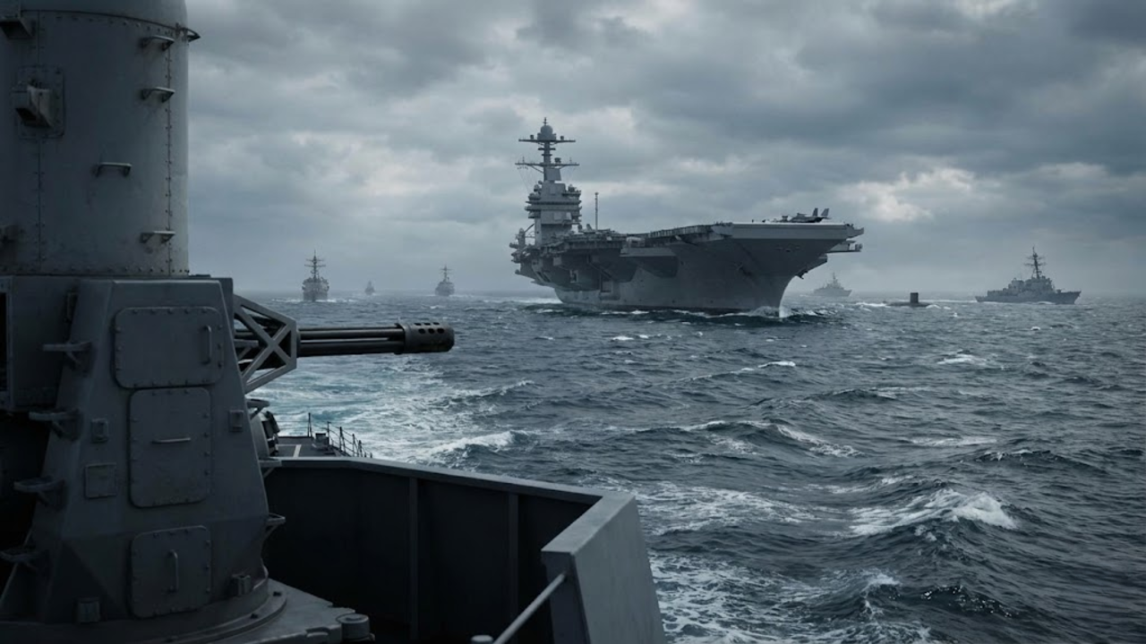 Porta-aviões gigante protegido por sua frota de escolta no Atlântico