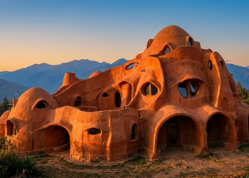 Vista monumental da Casa Terracota sob a luz dourada das montanhas.