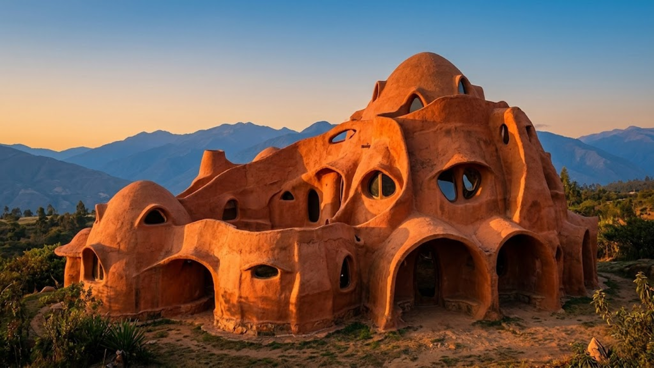 Vista monumental da Casa Terracota sob a luz dourada das montanhas.