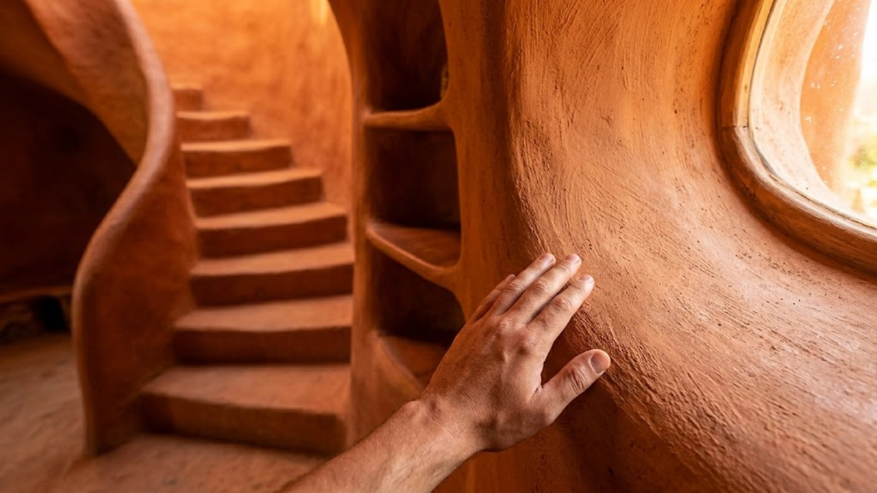 Detalhe do toque humano na parede de argila cozida e orgânica.