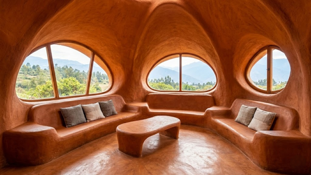 Interior da casa com móveis de barro e luz natural suave.