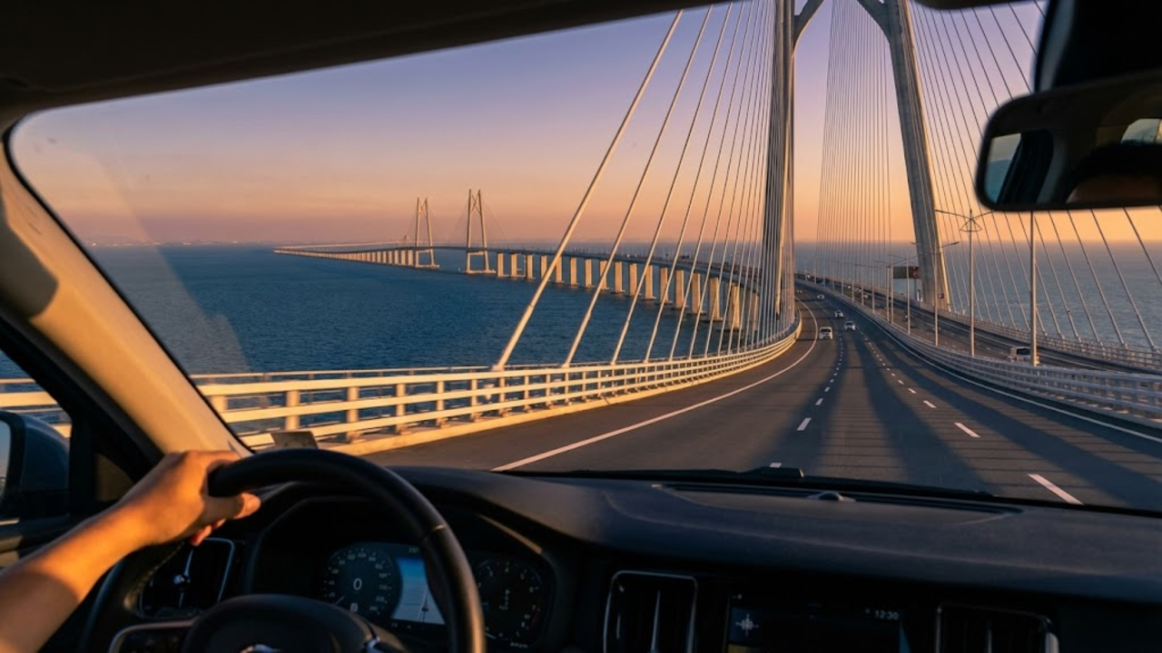 Vista monumental de dentro de um carro da ponte gigante cruzando o mar ao pôr do sol