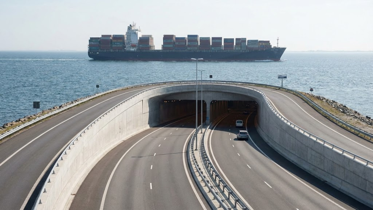 Close em primeira pessoa da estrutura robusta de aço e concreto da ponte sob um céu nublado