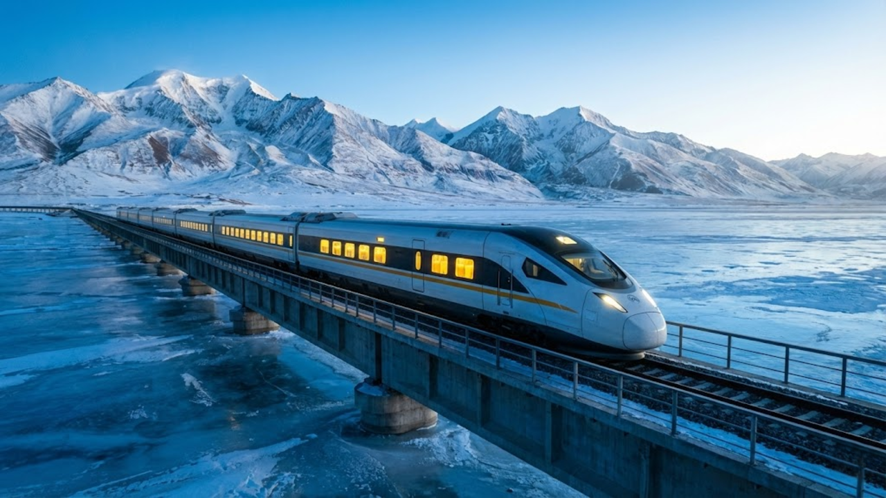 Trem moderno cruzando a paisagem gelada e monumental do Tibet iluminado pelo sol da manhã