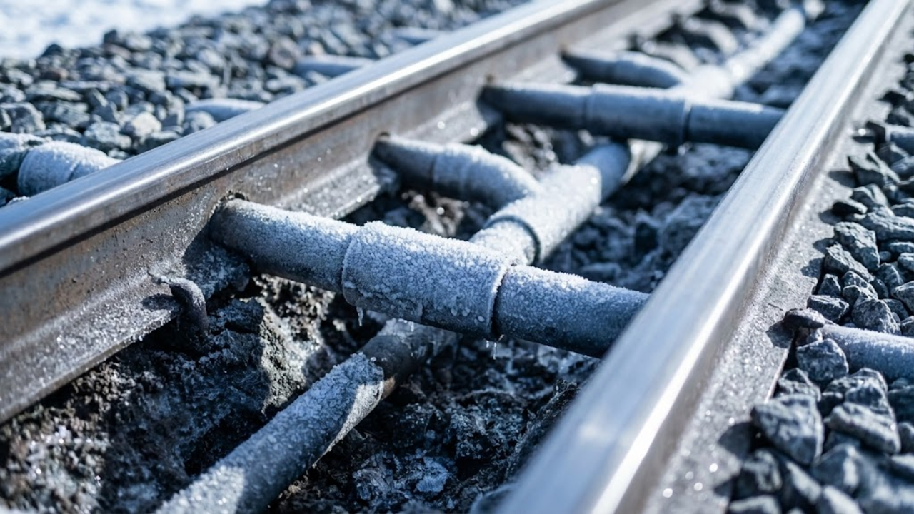 Close extremo nos tubos de amônia congelados instalados na terra ao lado dos trilhos de aço