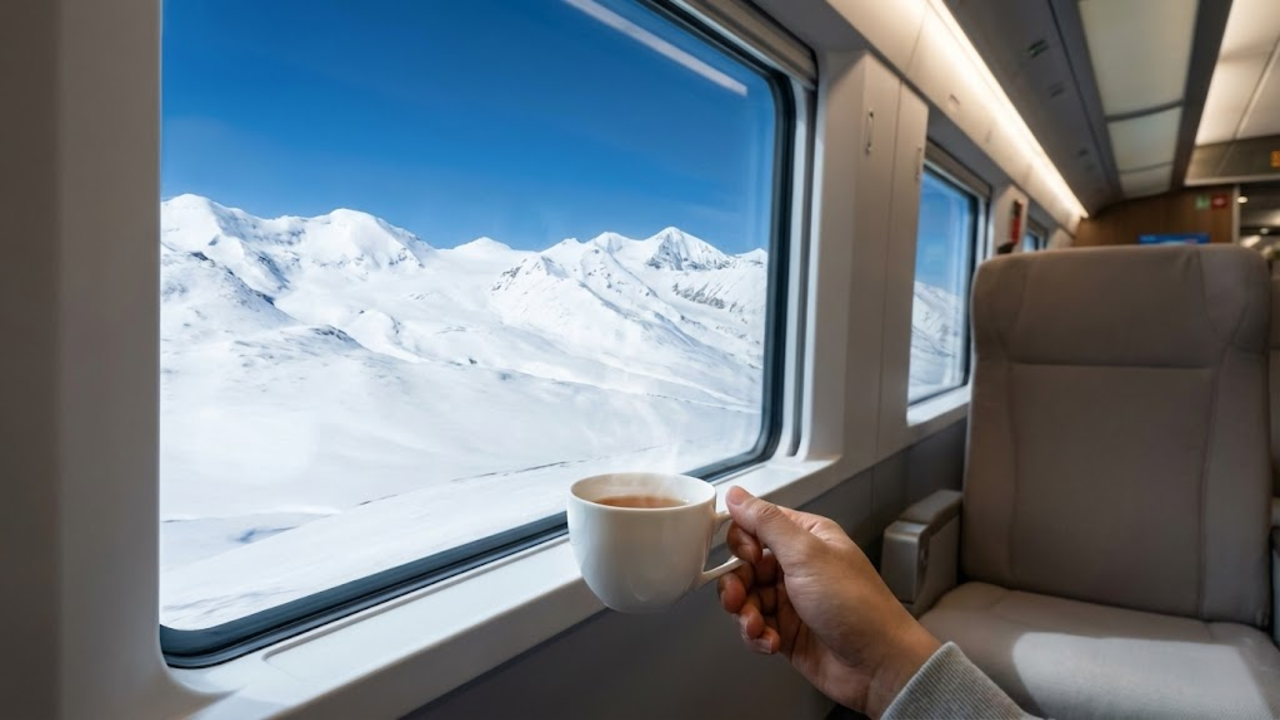 Visão de dentro do vagão confortável com passageiro segurando chá enquanto observa a neve pela janela