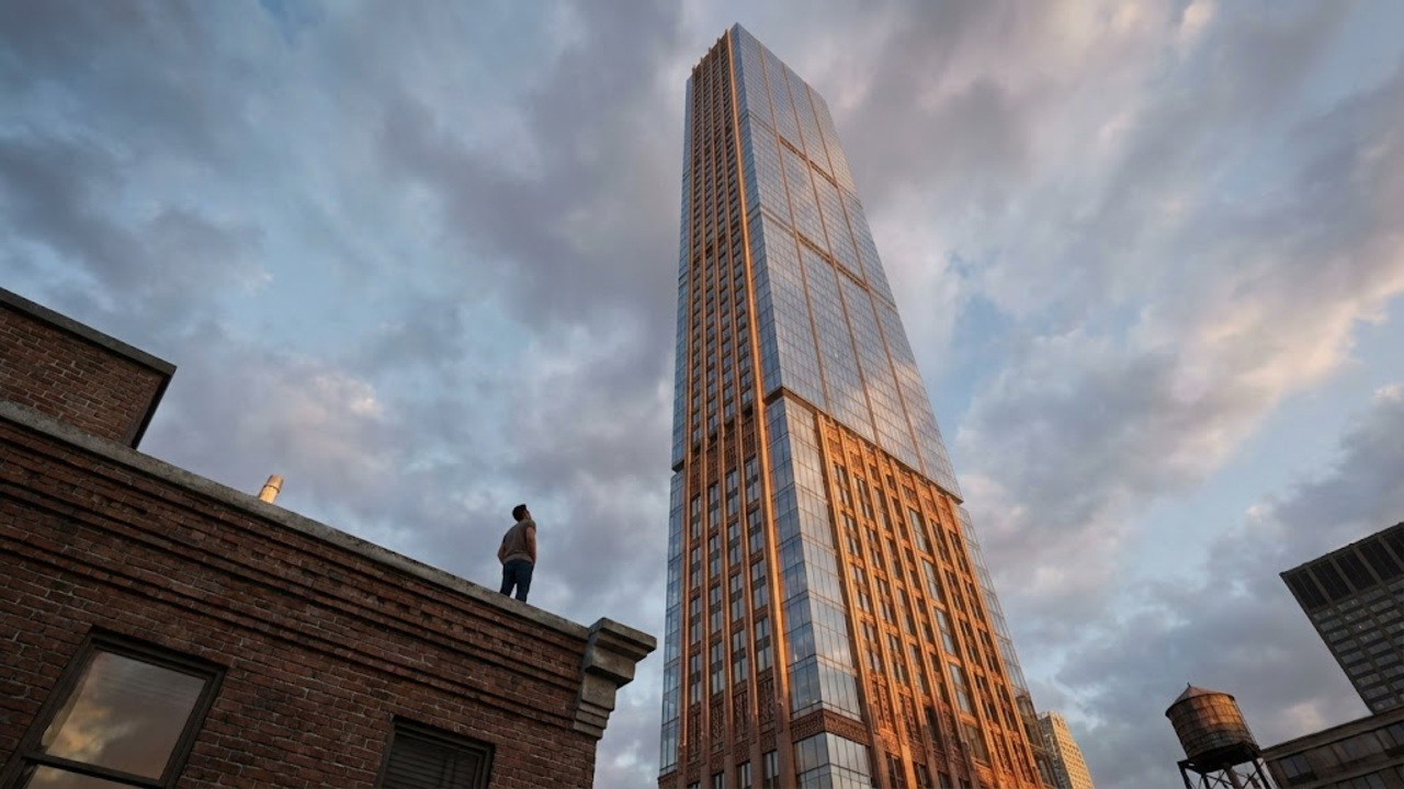 Pessoa maravilhada no telhado olhando para o topo do arranha-céu agulha brilhando ao sol