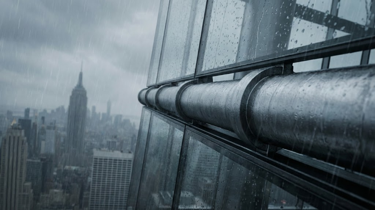 Visão em primeira pessoa de vigas de aço e vidro grosso resistindo a uma tempestade forte