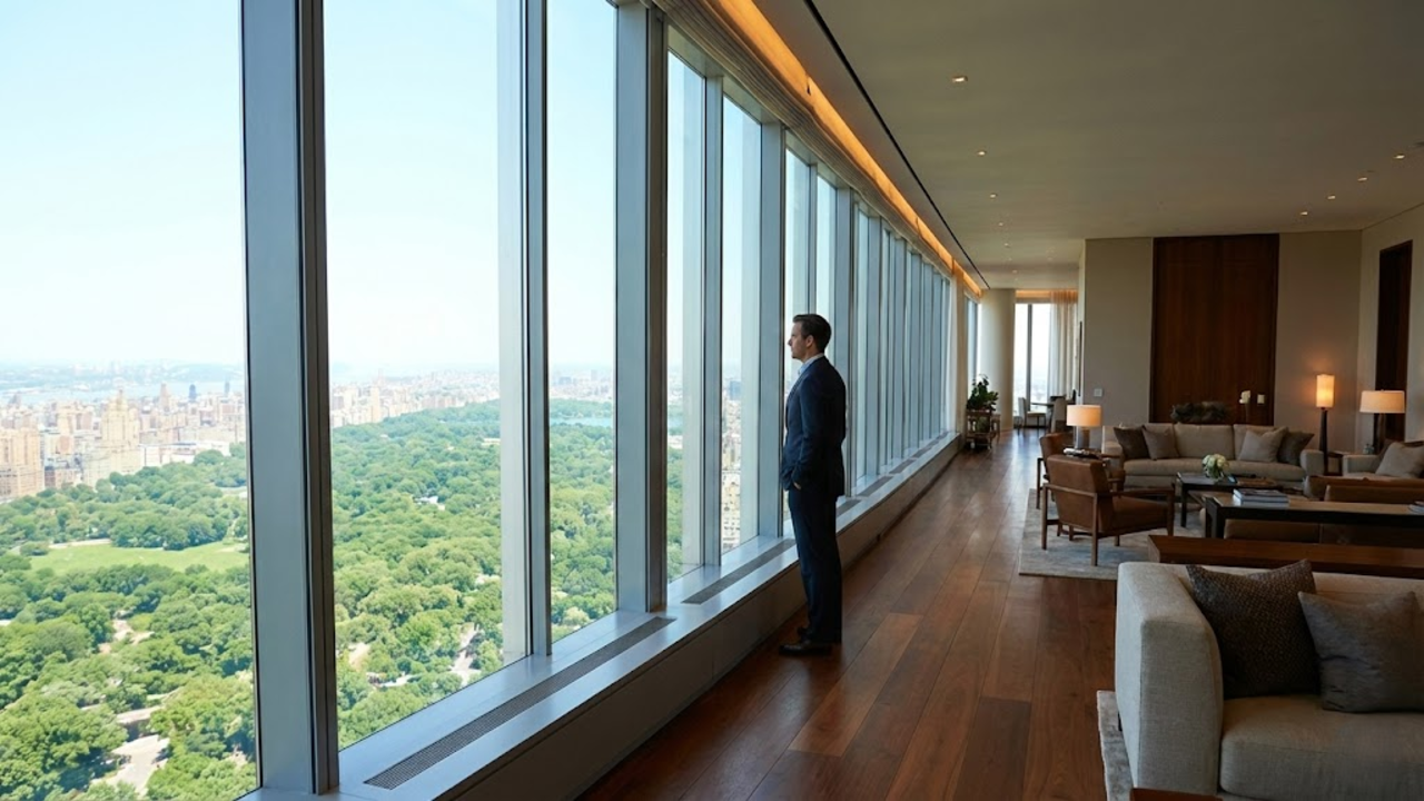 Homem elegante observa o Central Park de dentro da luxuosa e estreita cobertura da torre
