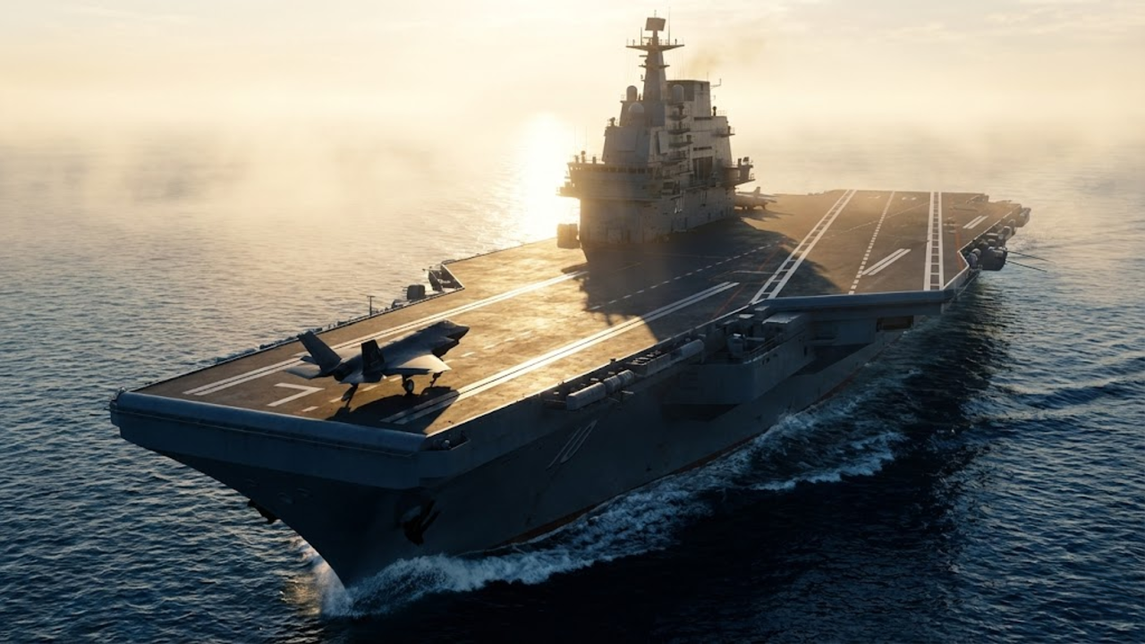 Vista monumental do gigante porta-aviões de pista plana lançando um caça ao nascer do sol.