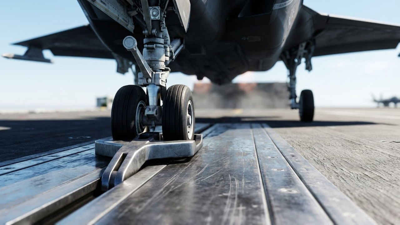Close extremo do trem de pouso do caça stealth travado na catapulta eletromagnética.