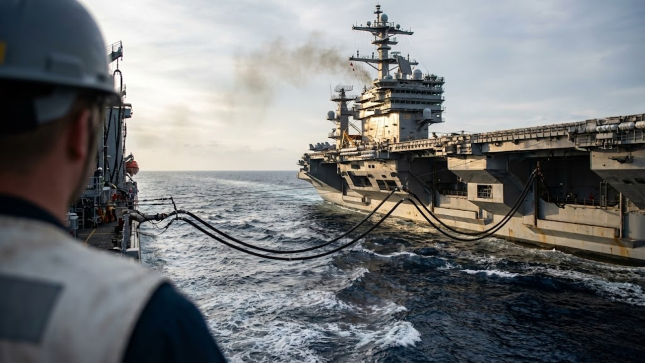 Visão a partir de um navio de apoio abastecendo o gigantesco porta-aviões no meio do oceano.