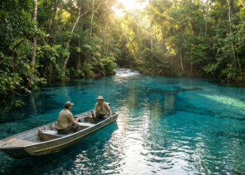 Pesquisadores em um barco sobre uma nascente de água cristalina na Amazônia.