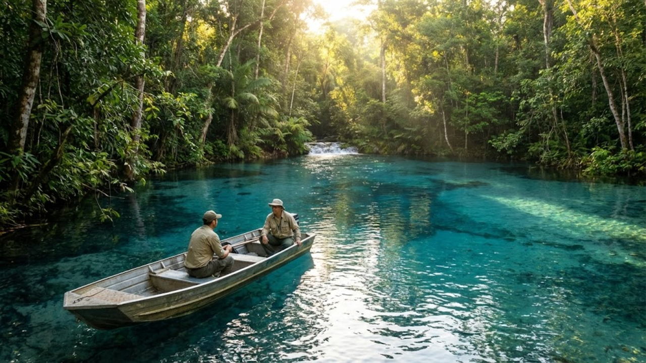 Pesquisadores em um barco sobre uma nascente de água cristalina na Amazônia.
