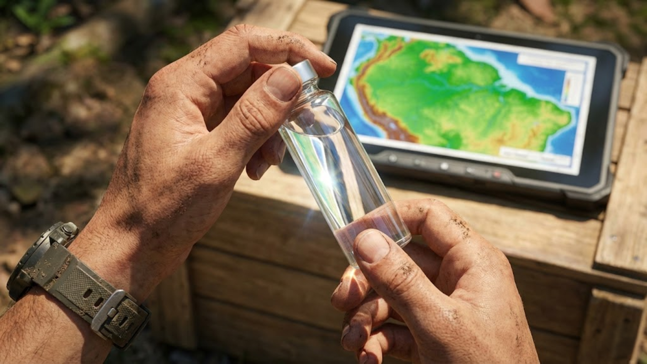 Visão em primeira pessoa de um geólogo segurando um frasco com água pura.