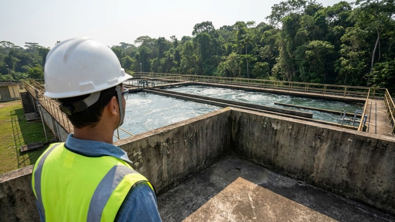 Engenheiro observando um reservatório de água cercado pela floresta amazônica.