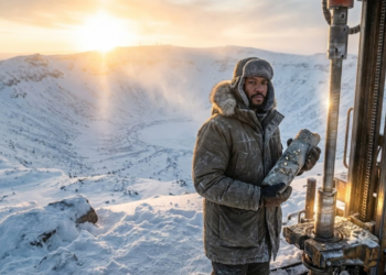 Geólogo com amostra de rocha na enorme cratera gelada da Sibéria.