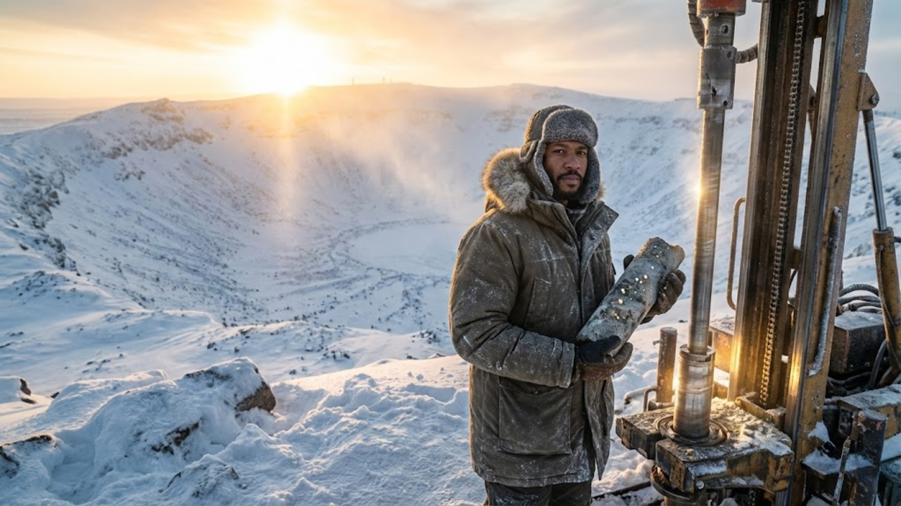 Geólogo com amostra de rocha na enorme cratera gelada da Sibéria.