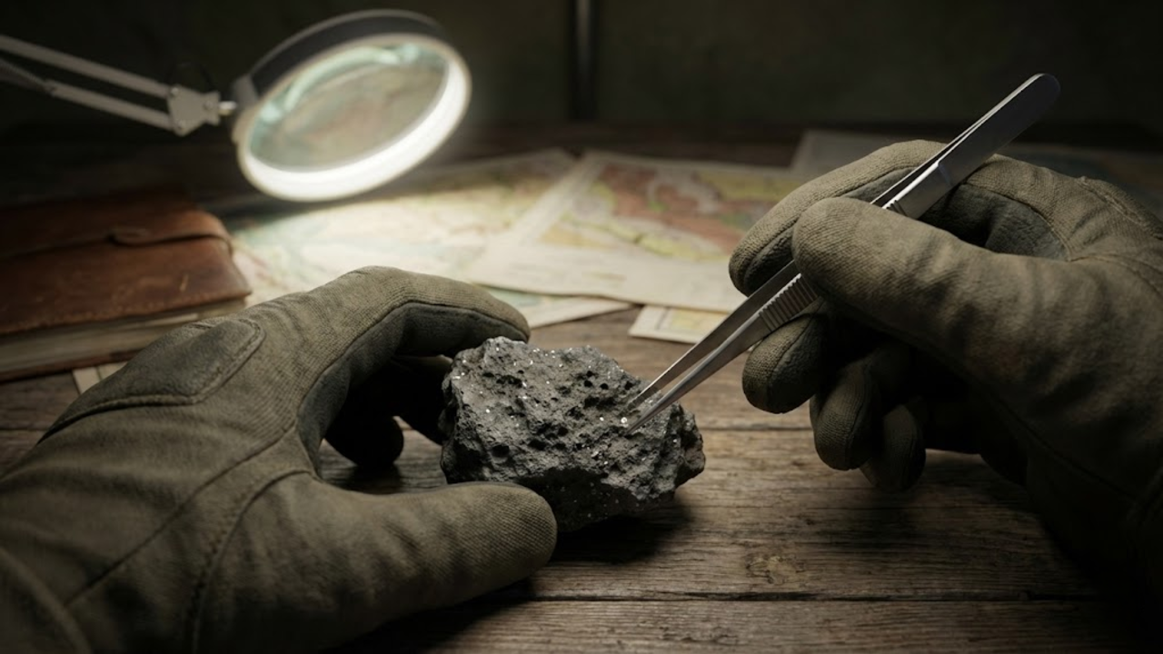 Mãos com pinça examinando rocha cheia de microdiamantes na mesa.
